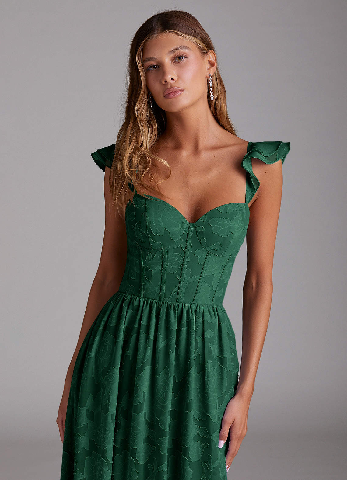 Azazie Denisse Vestidos de madrinha de casamento Vestido Verde Escuro de Esgotamento Floral de Linha A com Ruched image3