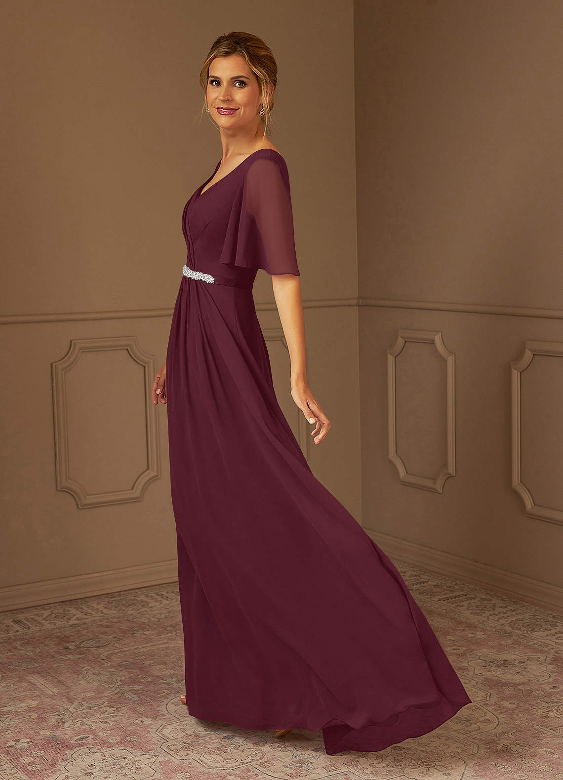 Short Sleeve Jewel Neck Chiffon Formal Dress Cabernet