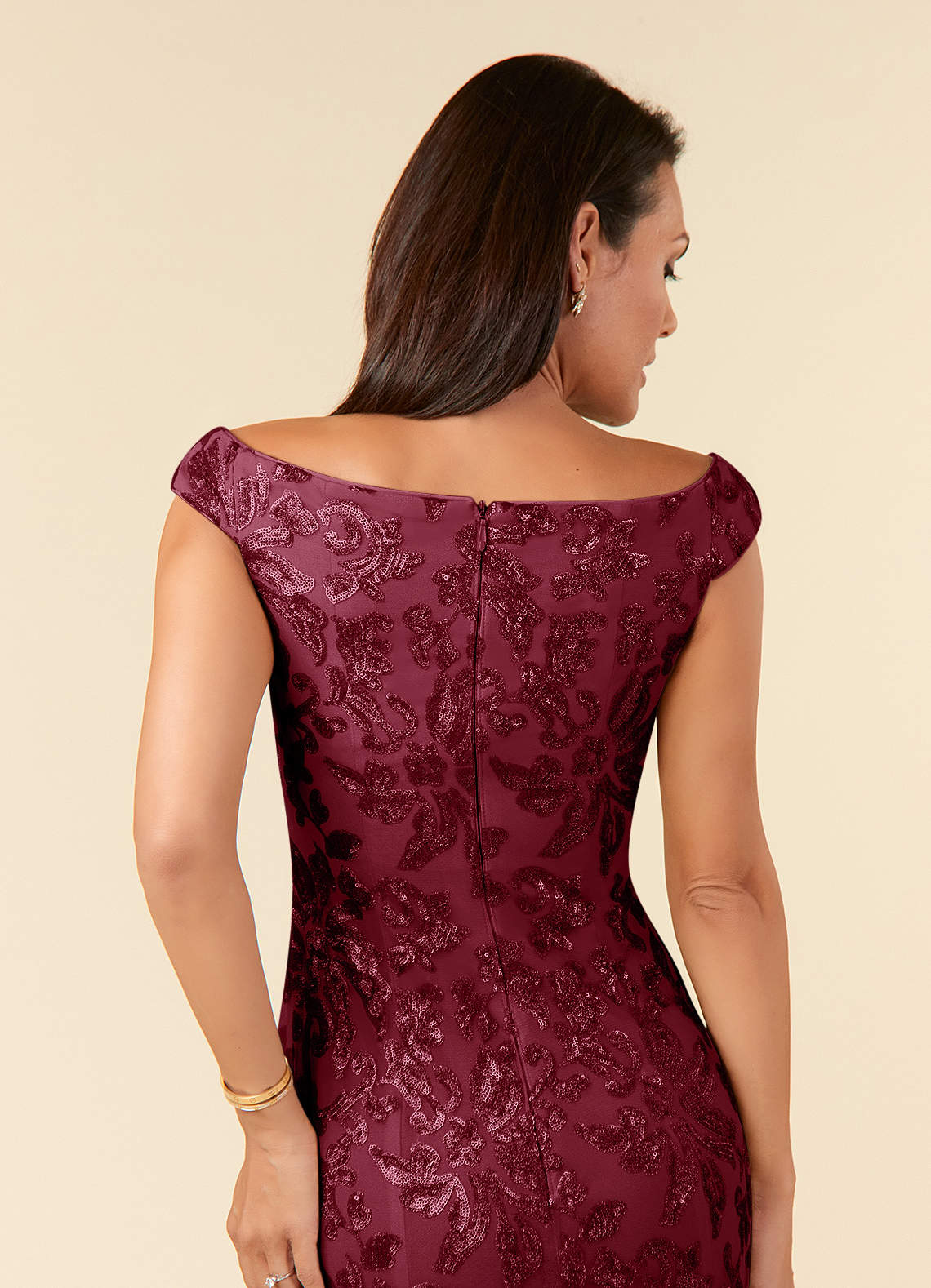 Azazie Porcelain Mother of the Bride Dresses Burgundy A-Line Off the Shoulder Lace Dress image5