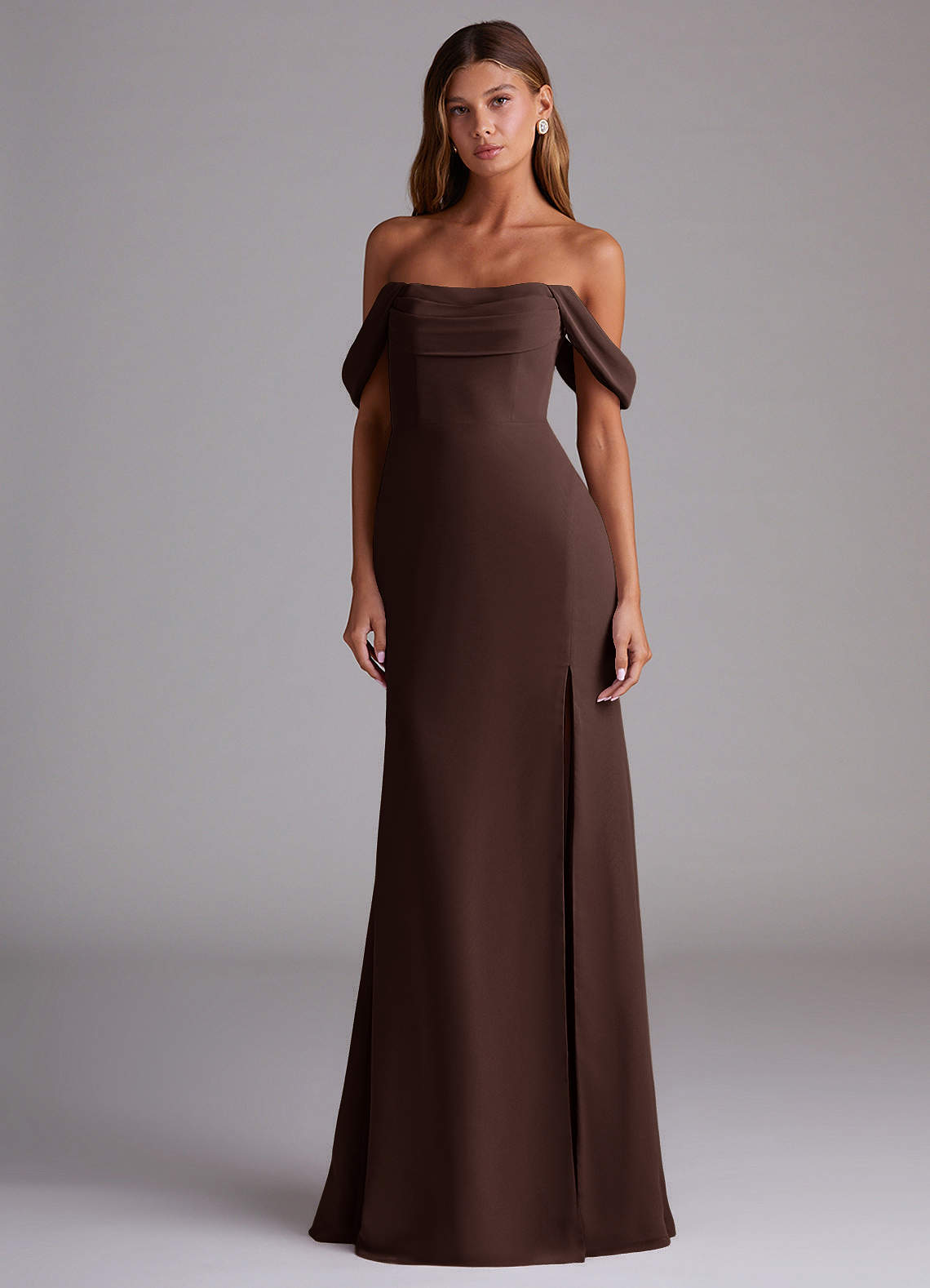 Azazie Saige Bridesmaid Dresses Ganache A-Line Off the Shoulder Chiffon Convertible Dress image2