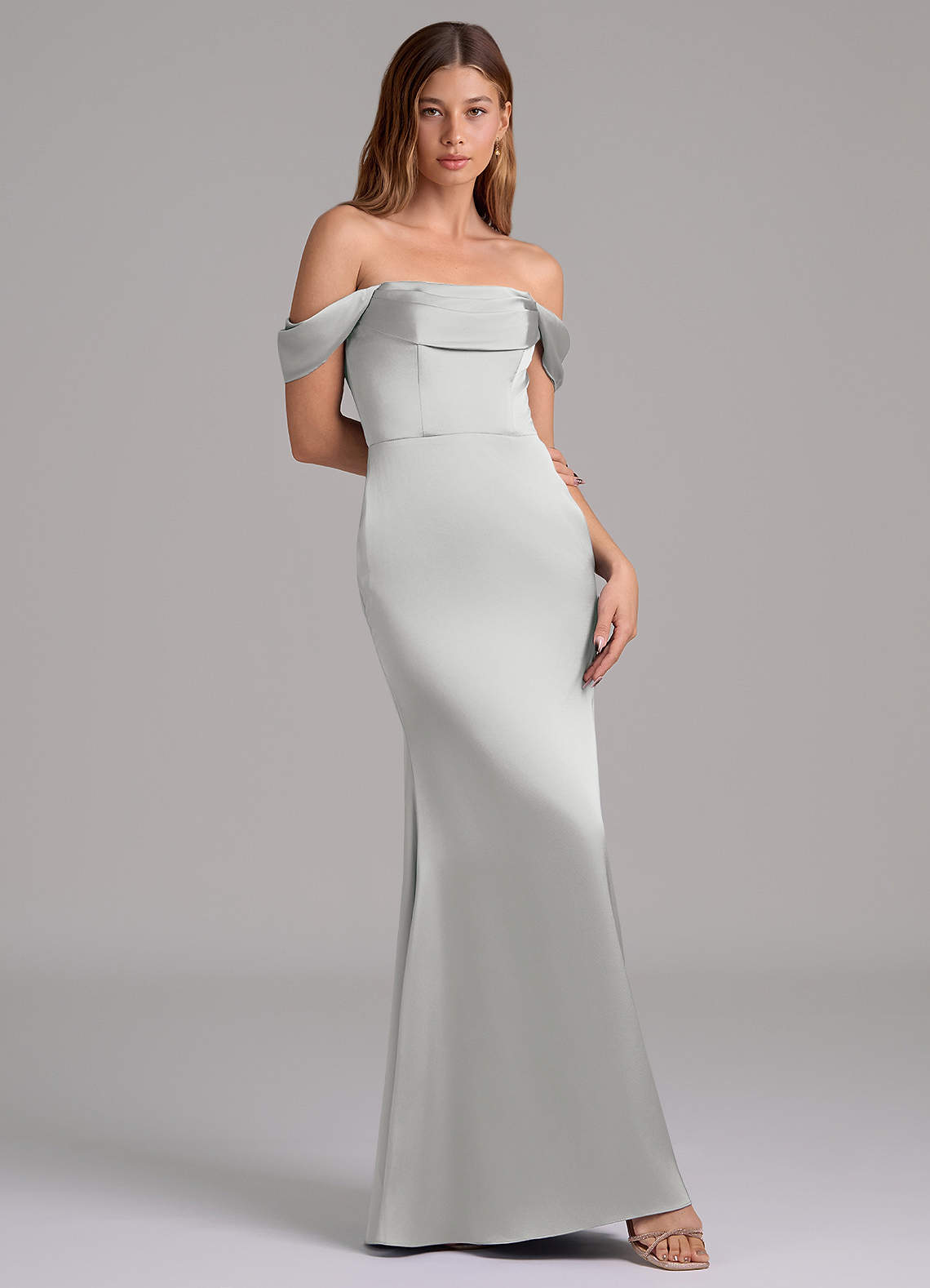 Azazie Miley 신부 들러리 드레스 인어 오프 더 숄더 스트레치 새틴 바닥 길이 드레스 image1