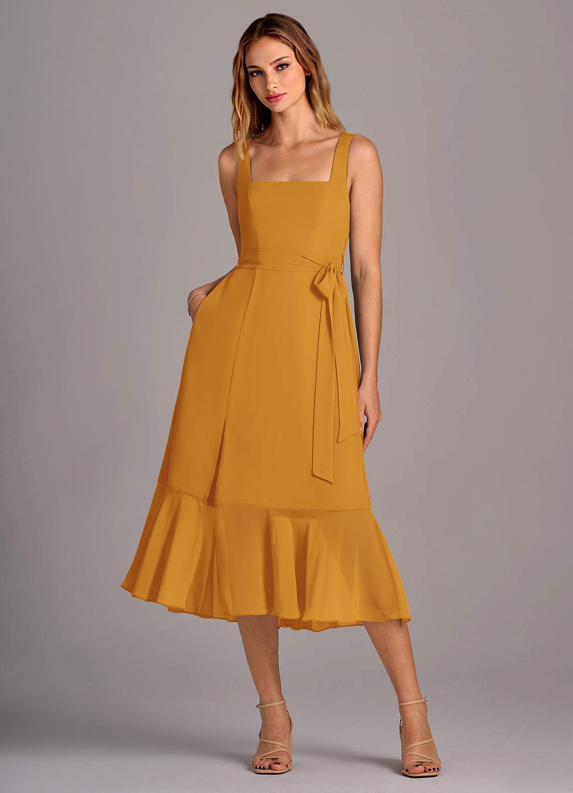 Azazie Deb Bridesmaid Dresses Butterscotch A-Line with Pockets Chiffon Convertible Dress image1