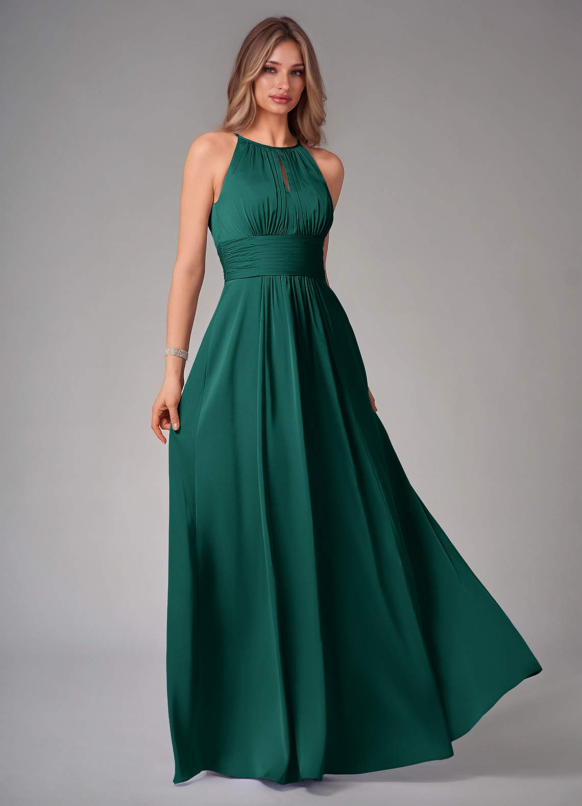 Azazie Bonnie Bridesmaid Dresses Emerald A-Line Pleated Stretch Satin Dress image1