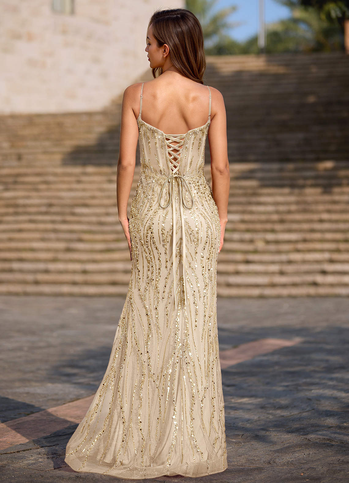 Dazzle Champagne Mermaid Prom Dress | Azazie CA