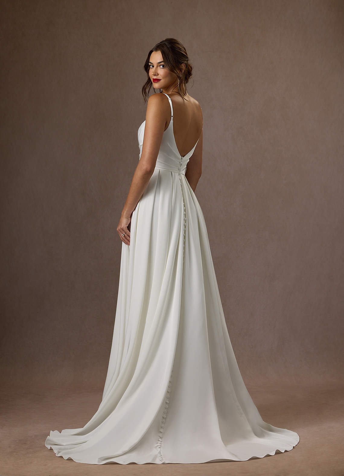 Azazie Caymus At-home Try On Dresses Diamond White A-Line Scoop Pleated Crepe Back Satin Dress image1