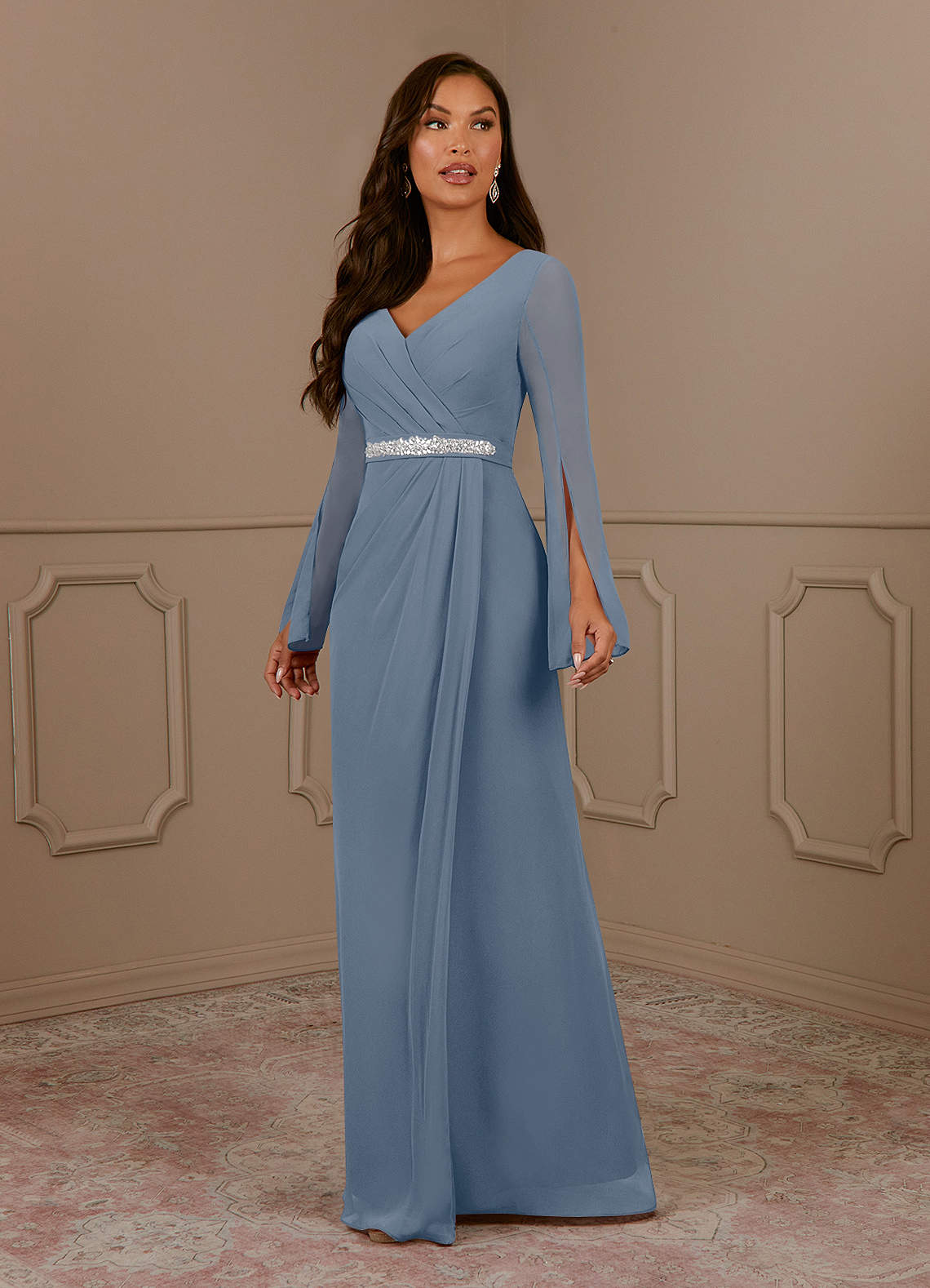 Azazie Belinda Mère de la mariée Robes Robe Trapèze en Mousseline de soie Col V plissé Violet Crépusculaire image1
