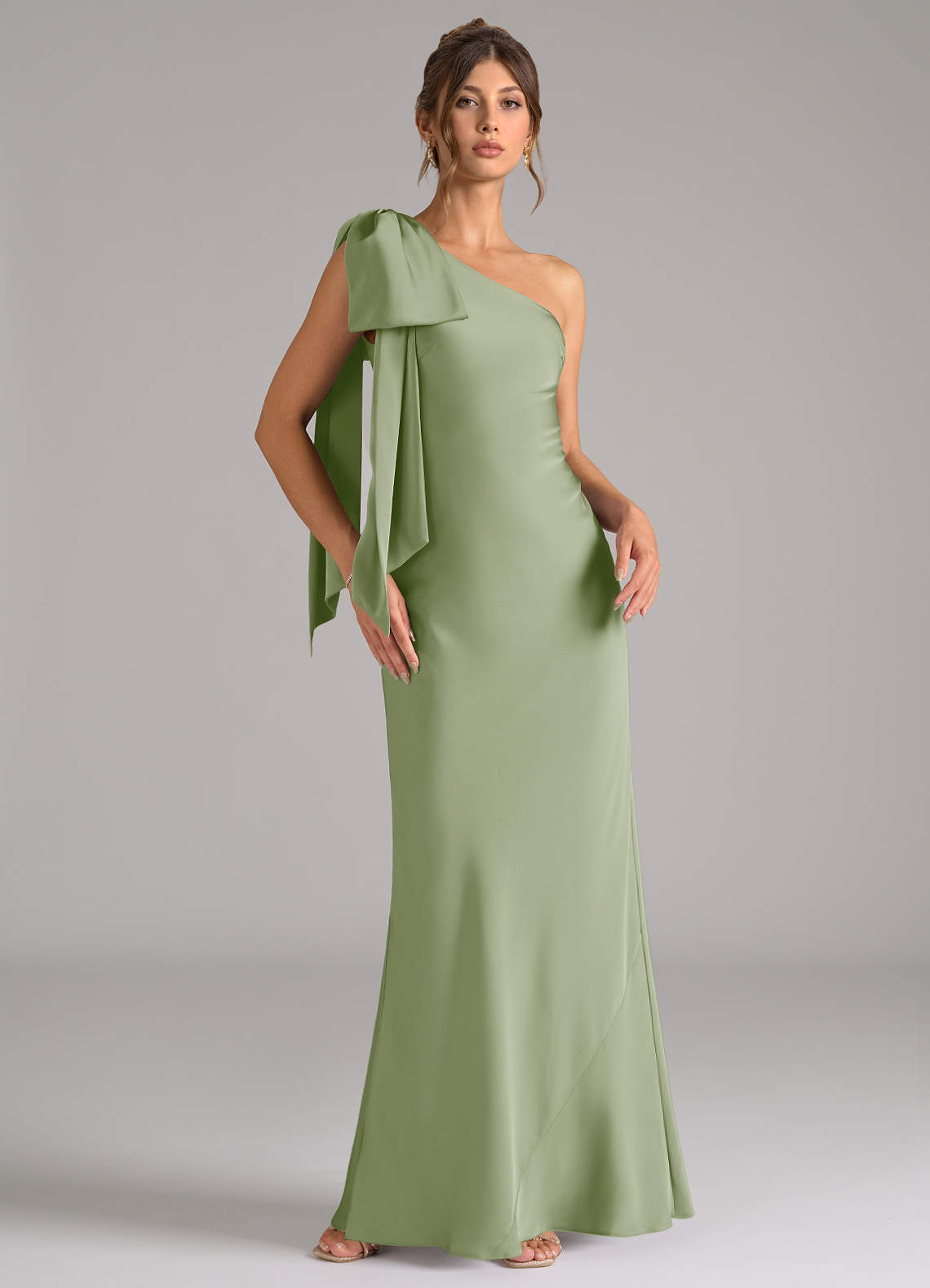 Azazie Capri At-home Try On Dresses Dusty Sage Mermaid One Shoulder Stretch Satin Dress image1