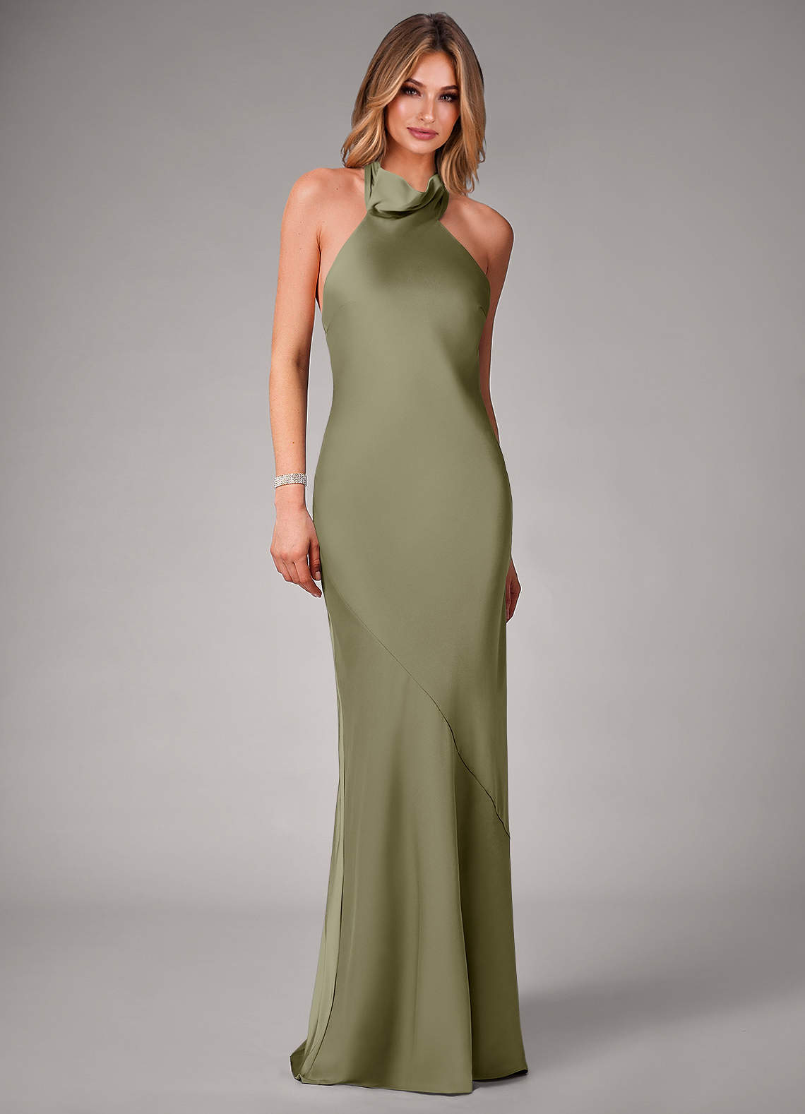 Azazie Velli Abiti da Damigella Abito Sirena in Raso Elasticizzato Collo Alto Pistacchio image3