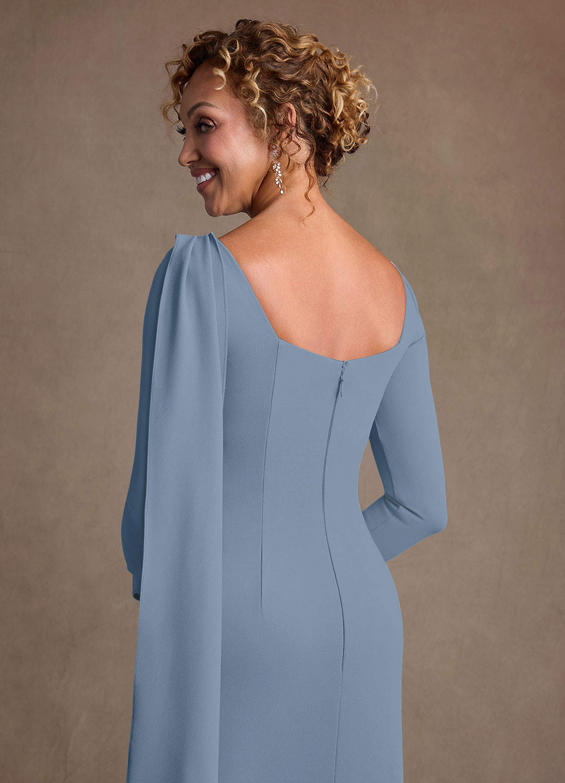 Azazie Merian Dusty Blue Column Pleated Stretch Crepe Dress Ready
