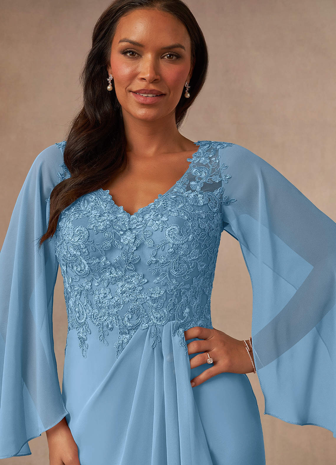 Azazie Perry Mother of the Bride Dresses Steel Blue Mermaid V-Neck Lace Chiffon Dress image5