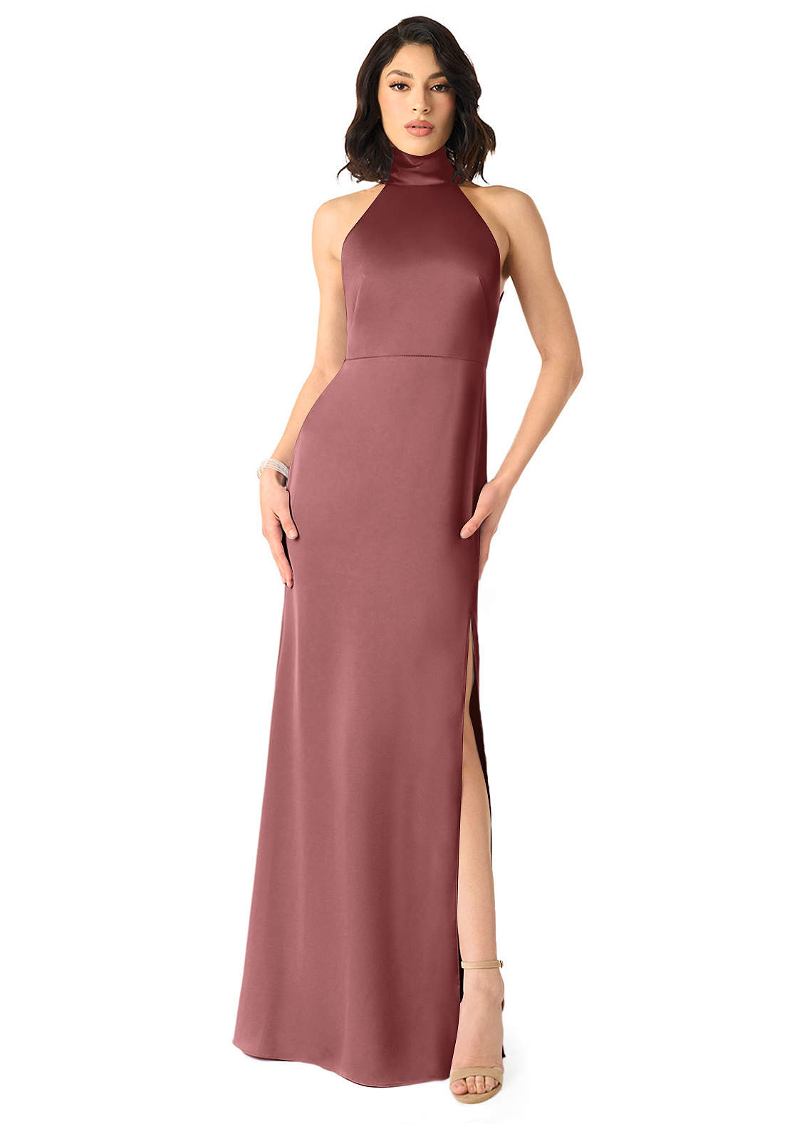 Azazie x Delaney Vestidos de damas de honor Vestido de Amatista de Satén Elástico de Corte Recto con Cuello Alto image1