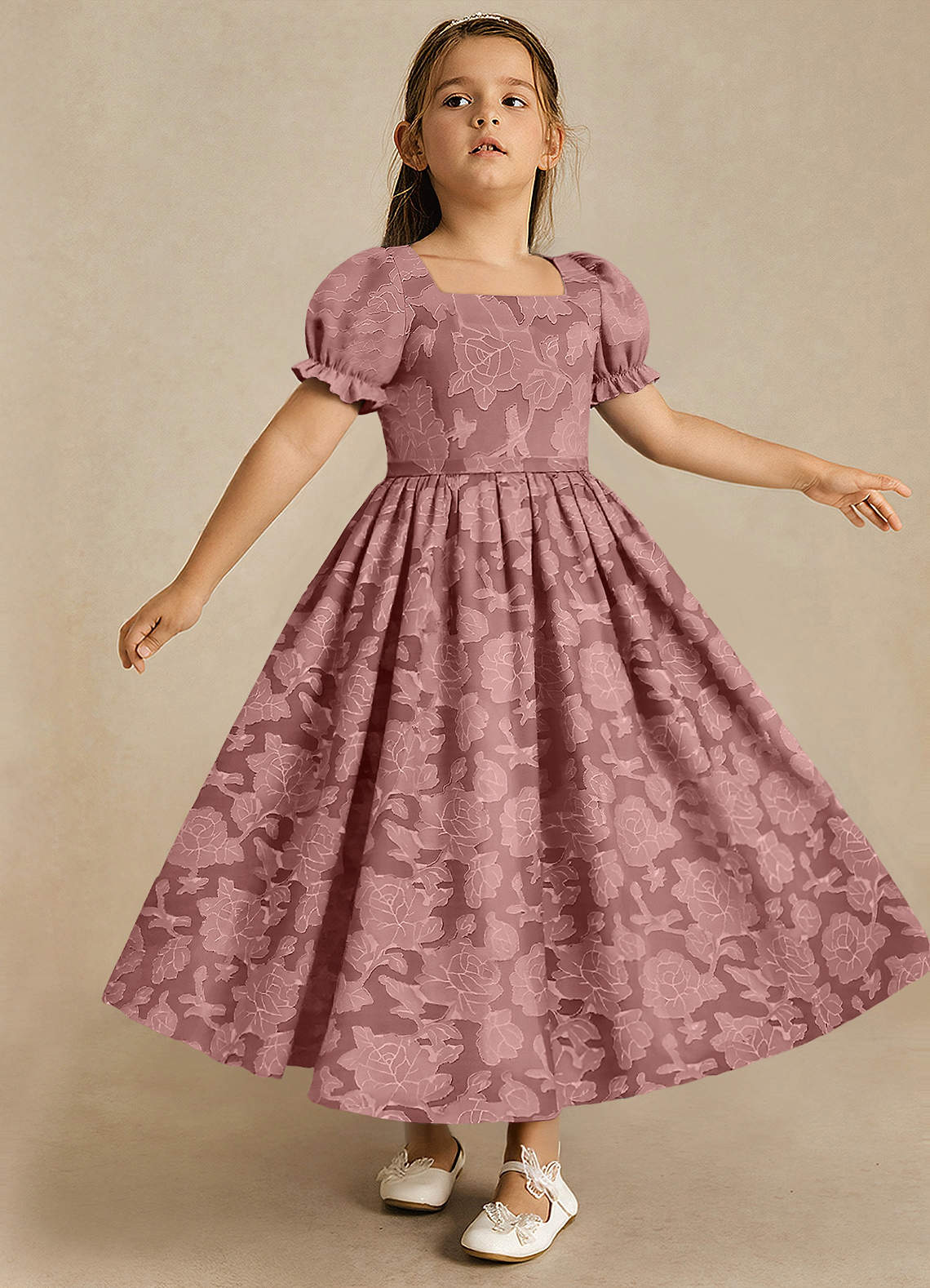 Azazie Joss Flower Girl Dresses Dusty Rose A-Line with Sleeves Floral Burnout Dress image2