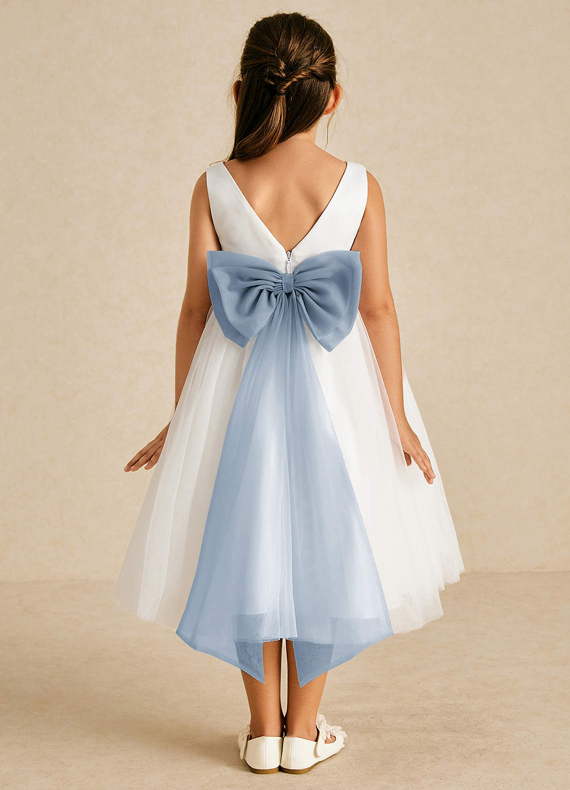 Azazie Kavi Flower Girl Dresses Ivory Dusty Blue A-Line Bow Matte Satin Dress image1