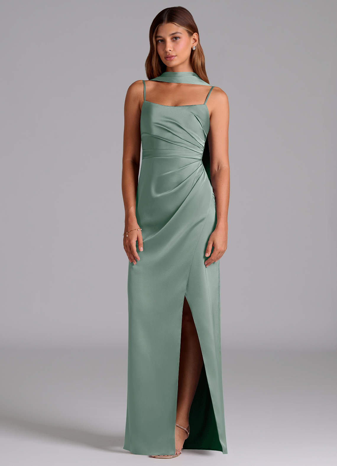 Azazie Calandra Brudtärnklänningar Klä av A-Linje i Stretch Satin Plisserad Silversalvia image2