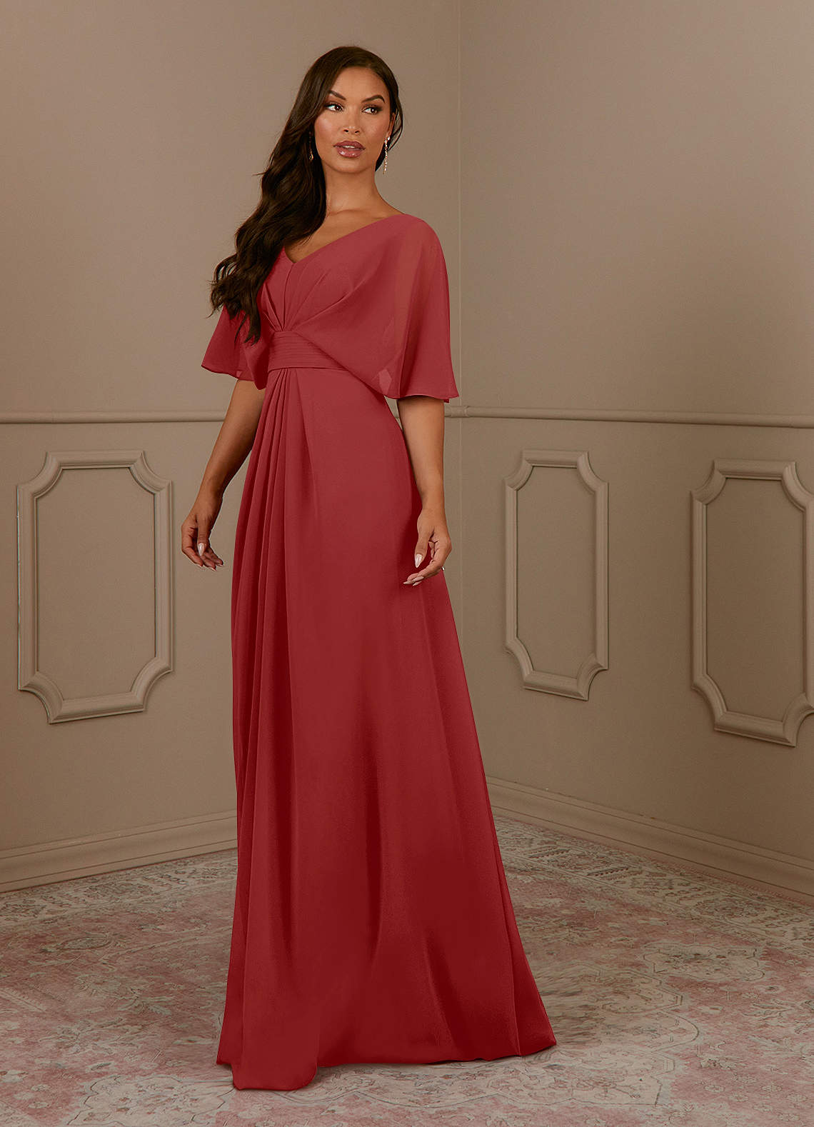 Azazie Oksana Mother of the Bride Dresses Rust A-Line V-Neck Pleated Chiffon Dress image1