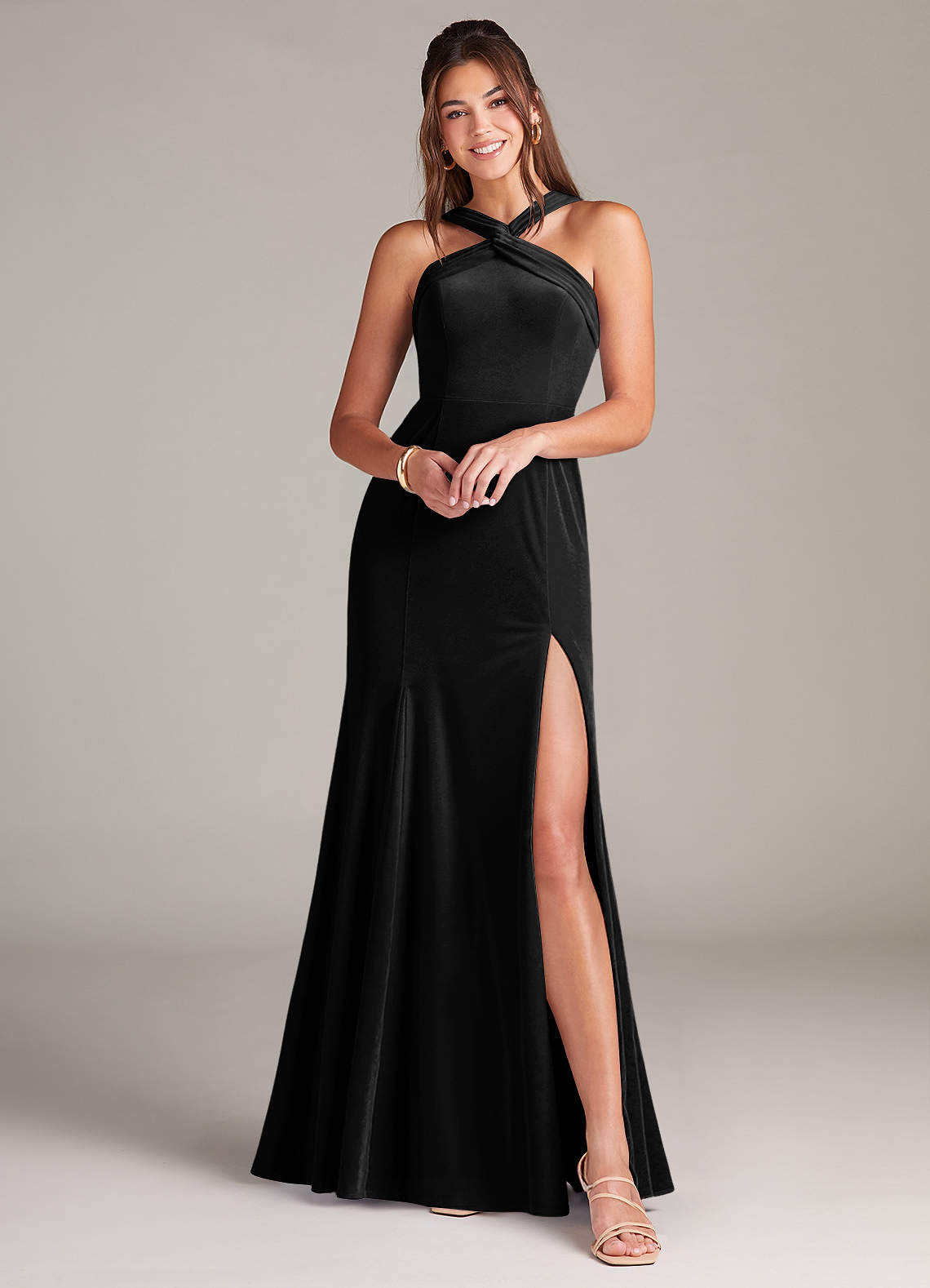 Azazie Rue Bridesmaid Dresses Black A-Line Pleated Velvet Dress image1