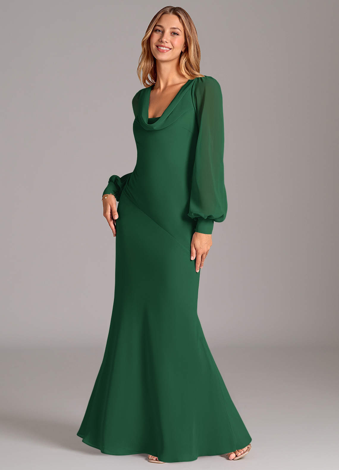 Azazie Rylina Bridesmaid Dresses Dark Green Mermaid Long Sleeve Chiffon Dress image1