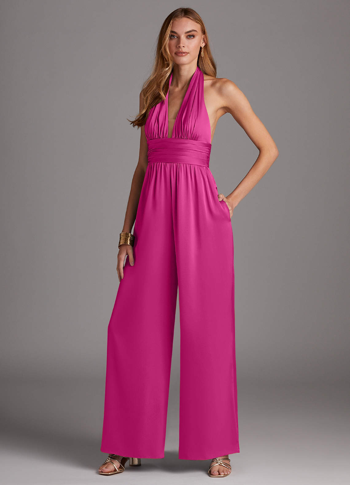 Azazie Oli Jurken voor bruidsmeisjes Jumpsuit van Stretch Satijn Geplooid Fuchsia image1