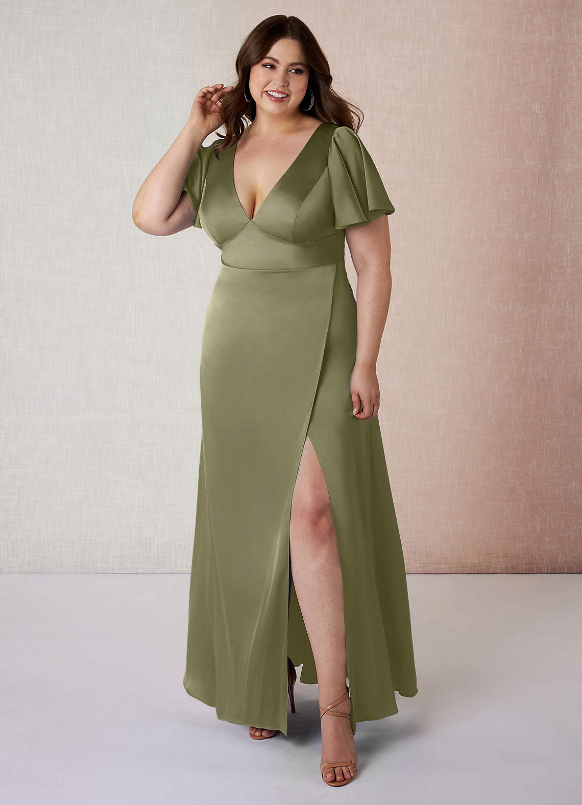 Most Flattering Bridesmaid Dress For Plus Size Azazie A-Line V-Neck  Floor-Length Stretch Satin Bridesmaid Dresses Pistachio