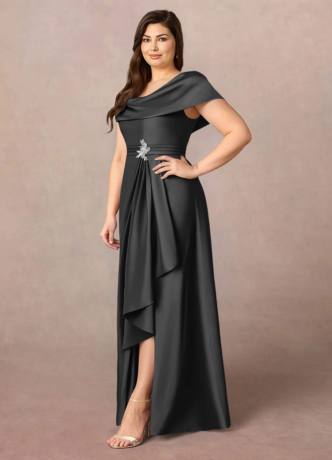 Azazie Branford Black A-Line Pleated Stretch Satin Dress | Azazie