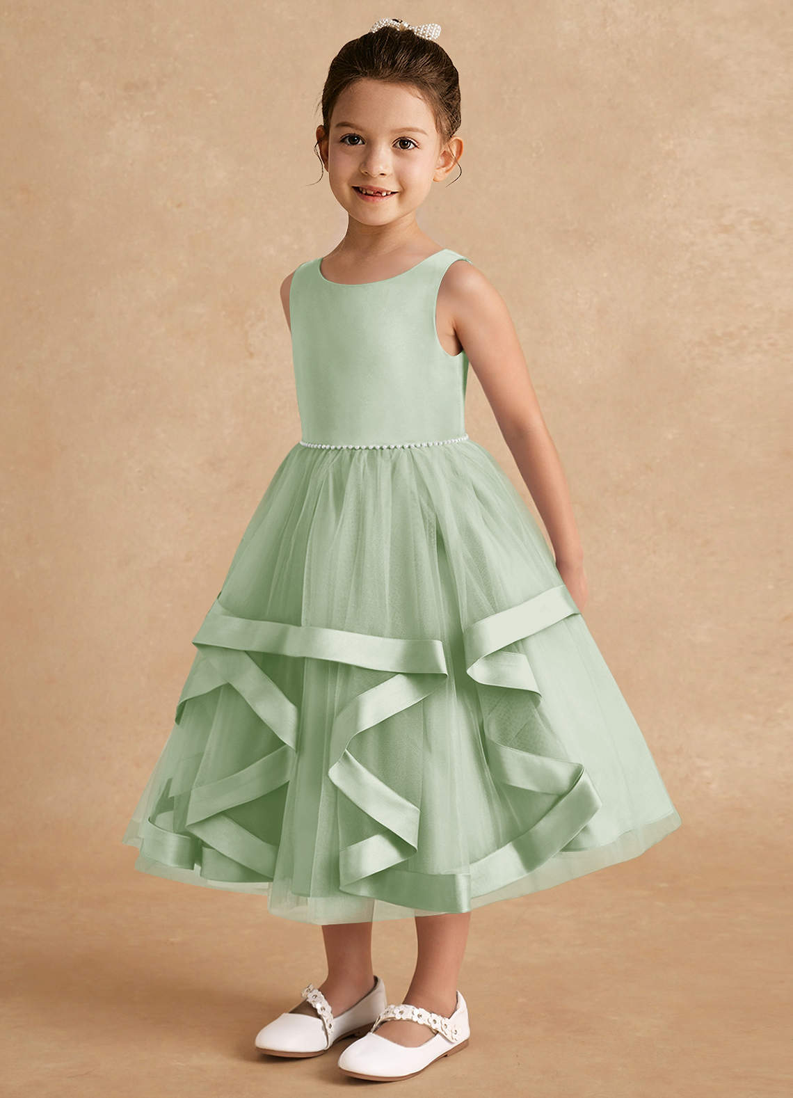 Azazie Posy Flower Girl Dresses Dusty Sage A-Line Beaded Tulle Dress image2