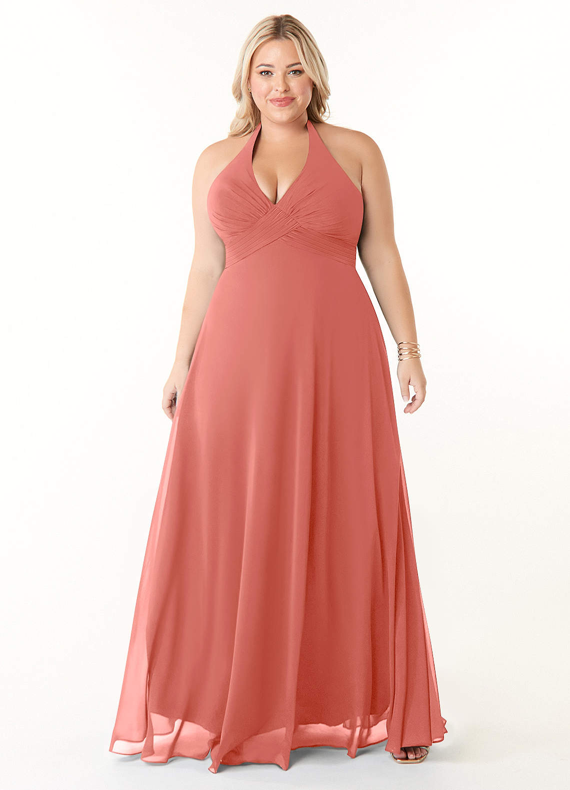 Azazie Tessie Abiti da Damigella Abito A-Line in Chiffon con Scollo a V a Pieghe Salmone Rosa image1