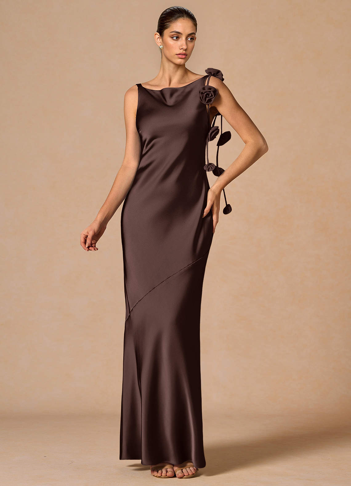 french truffle bridesmaid dress Flutter Sleeve Draped Wrap Stretch Maxi Dress