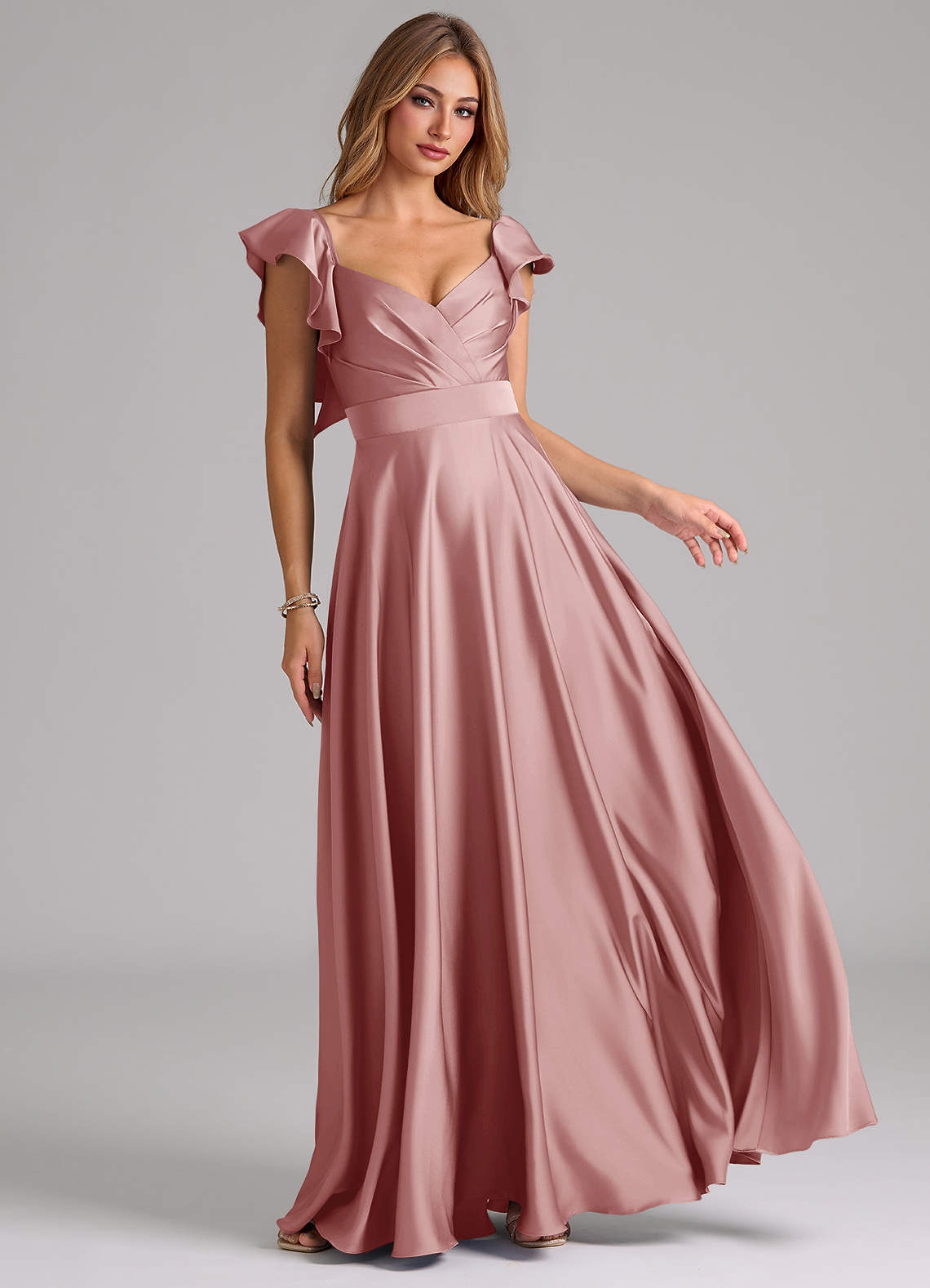 Azazie Leilani Bridesmaid Dresses Dusty Rose A-Line Ruched Stretch Satin Dress image1