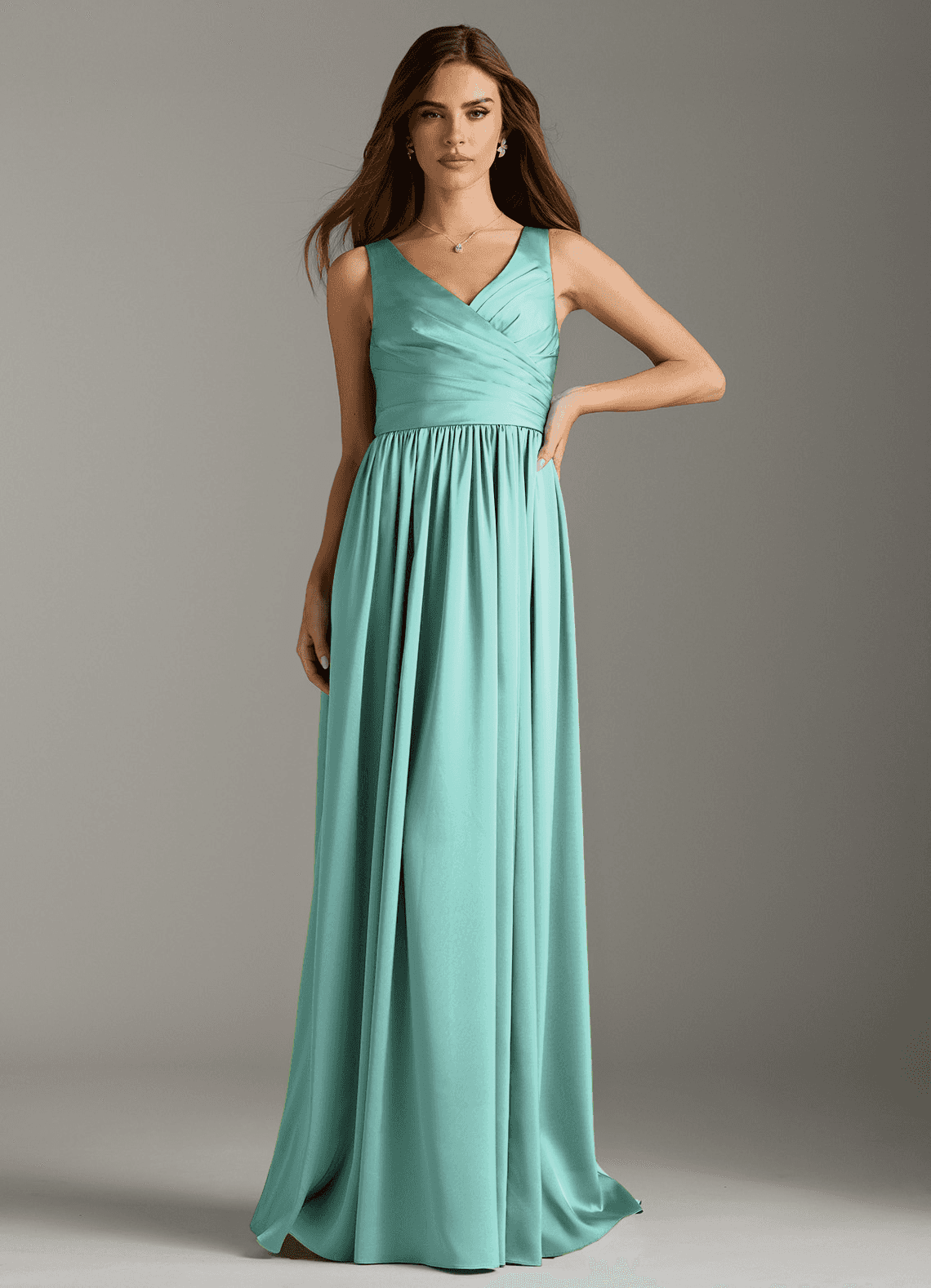 Azazie Keyla Brautjungfernkleider A-Linie Plissee Stretch-Satin Kleid Aqua image1