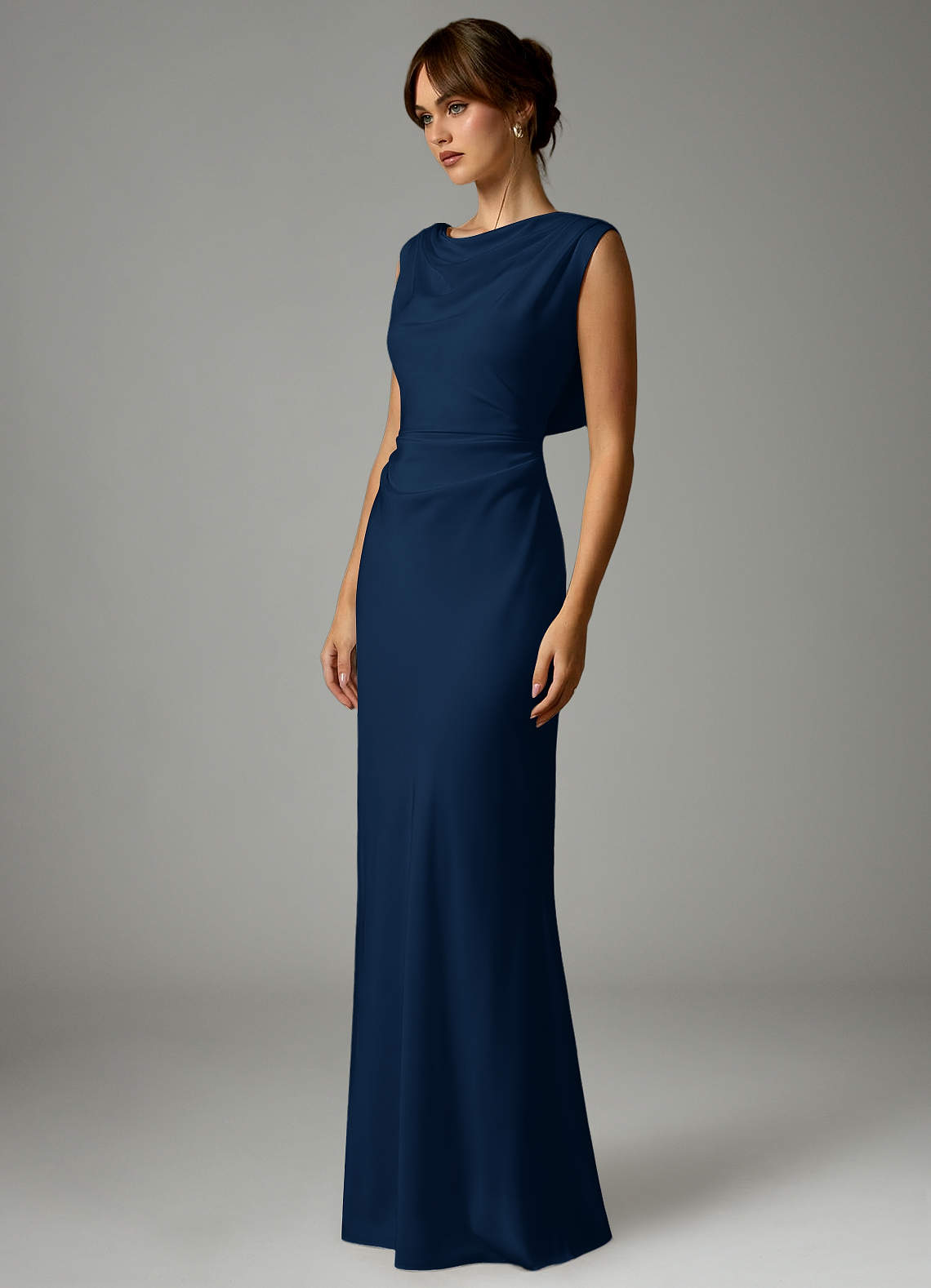 Azazie Kieryn Bridesmaid Dresses Dark Navy Mermaid Pleated Stretch Satin Dress image2