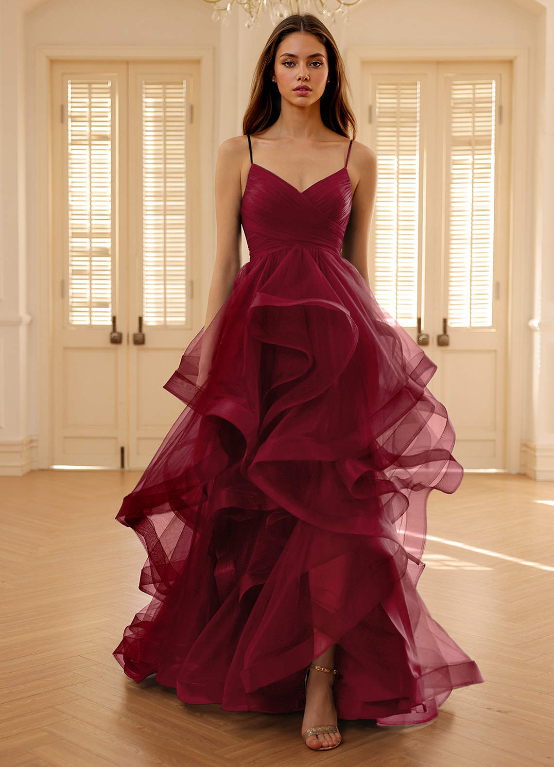 Carmencita Merlot A-line Ruffles Prom Dress | Azazie