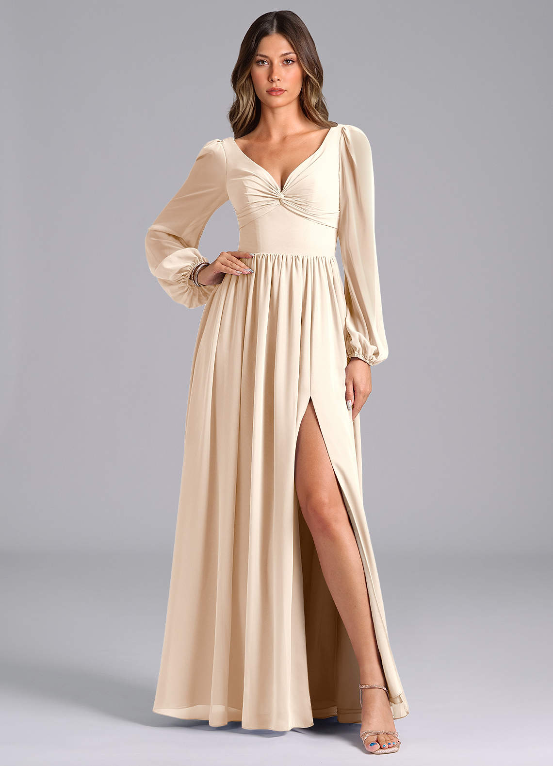 Azazie Zeya Bridesmaid Dresses White Alabaster A-Line Long Sleeve Chiffon Dress image1