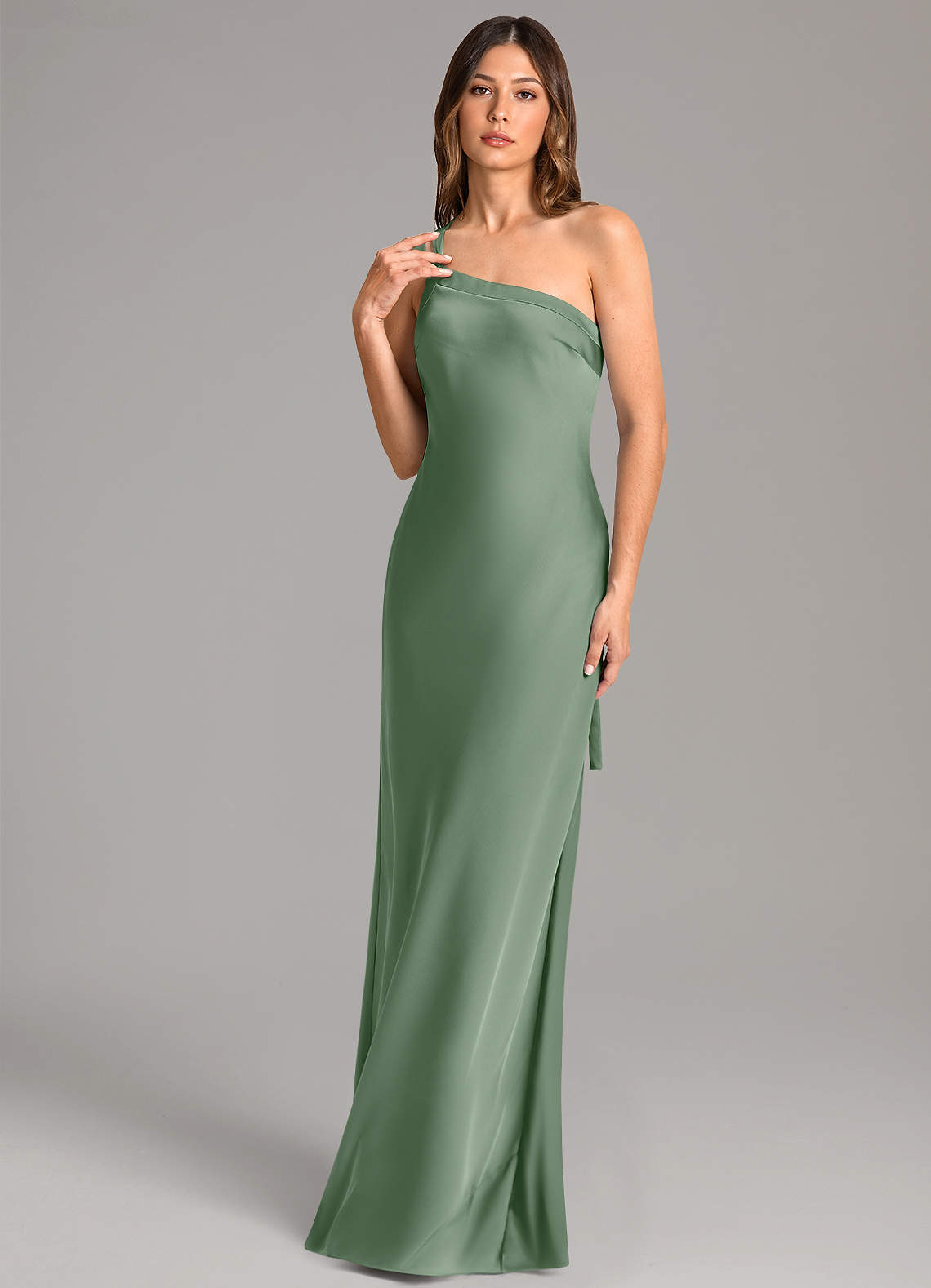 Azazie Monroe Vestidos de damas de honor Vestido de Matcha de Satén Elástico de Corte Sirena con Hombro unilateral image1