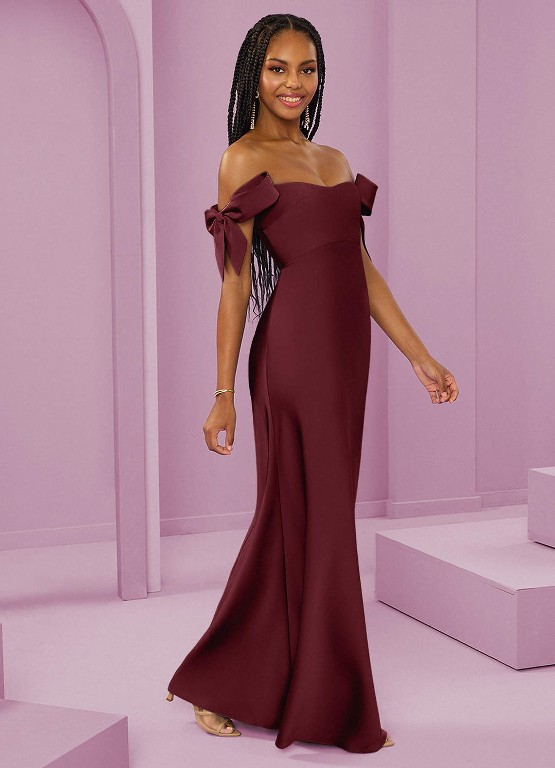 Barbie ♥ Azazie Vestidos de damas de honor Vestido de Cabernet de Satén Elástico de Corte Recto Convertible con Vestidos sin tirantes image1
