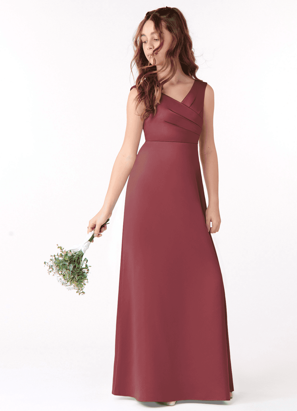 Azazie Sadia Junior Merlot A-Line Pleated Stretch Satin Dress image1