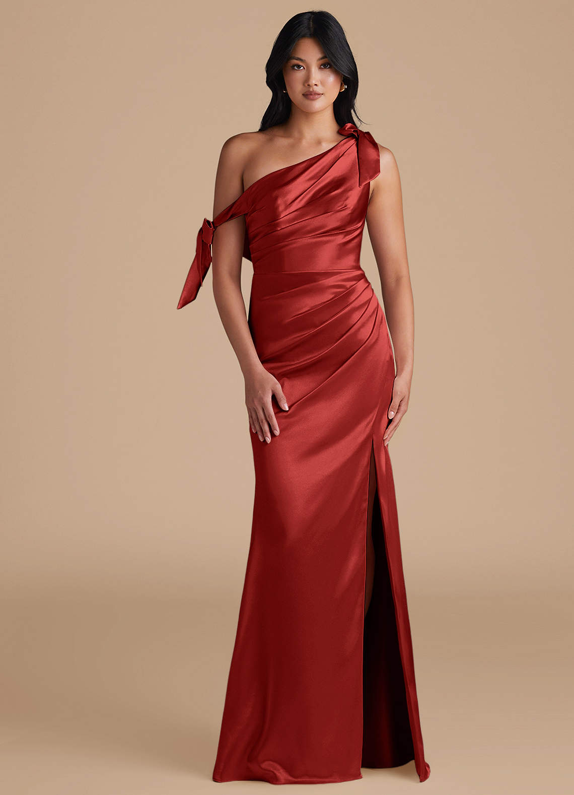 Azazie Xyla Bridesmaid Dresses Rust Sheath Off the Shoulder Metallic Satin Convertible Dress image1