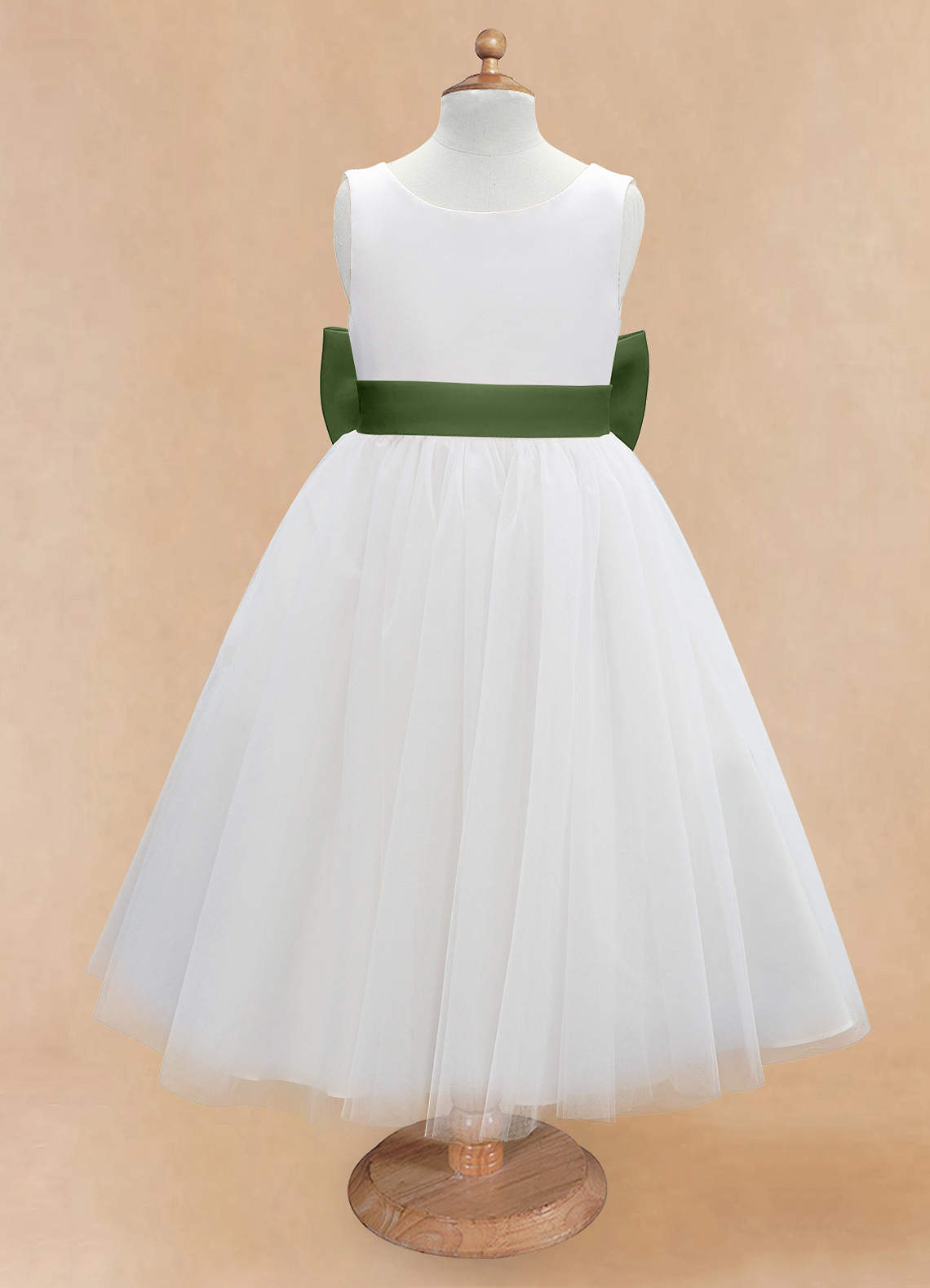 Azazie Kavi Flower Girl Dresses Ivory Olive A-Line Bow Matte Satin Dress image6