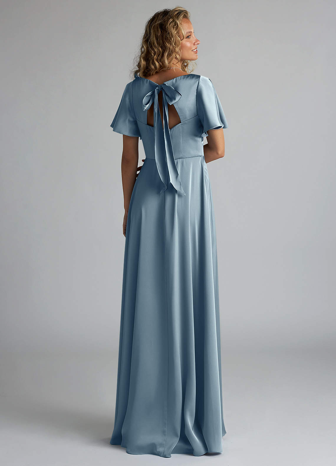 Azazie Kimber Bridesmaid Dresses Dusty Blue A-Line Ruched Stretch Satin Dress image1