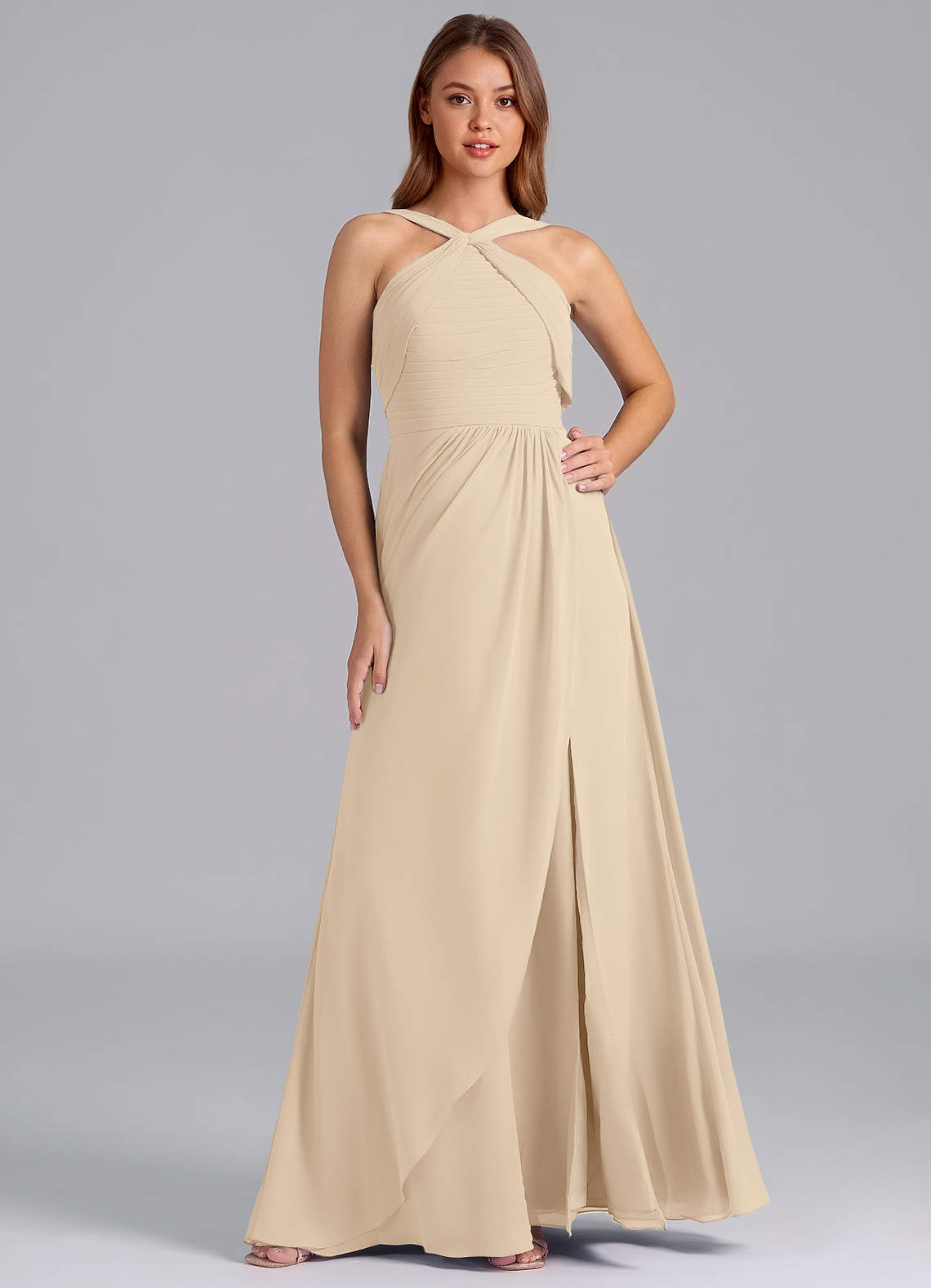 Azazie Mianna Bridesmaid Dresses Champagne A-Line Pleated Chiffon Dress image1