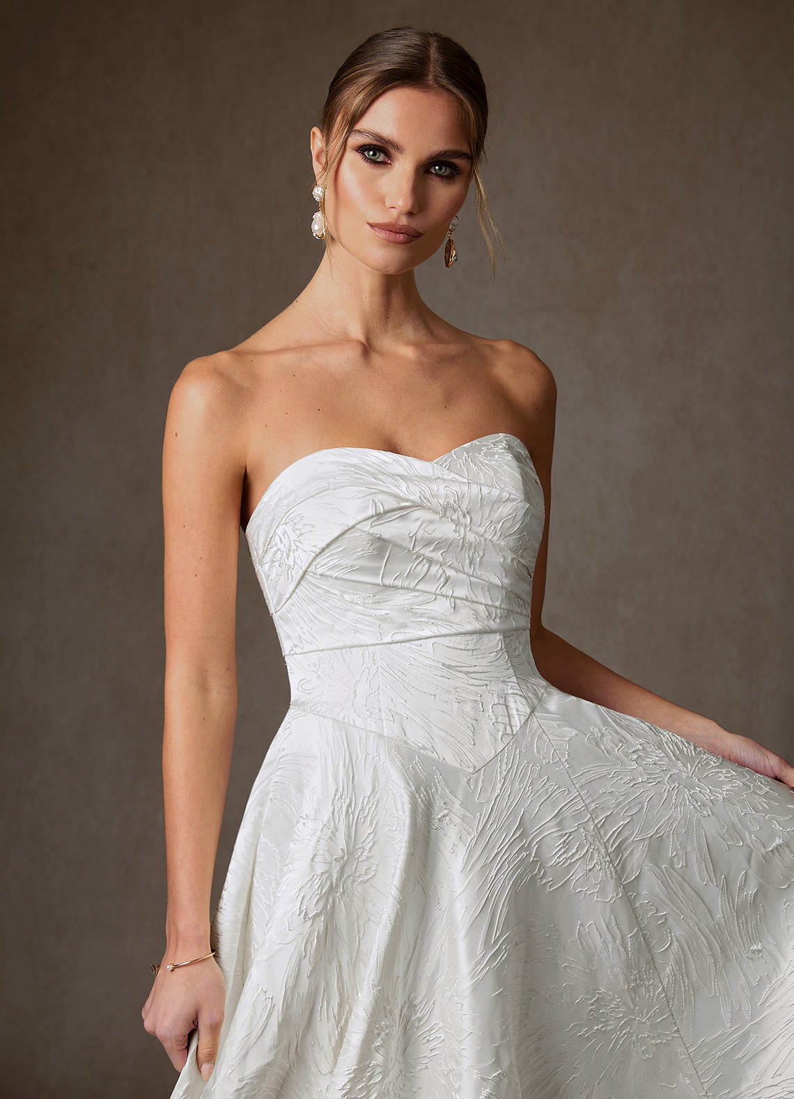 Azazie Tallulah Wedding Dresses Diamond White A-Line Strapless Floral Jacquard Dress image3