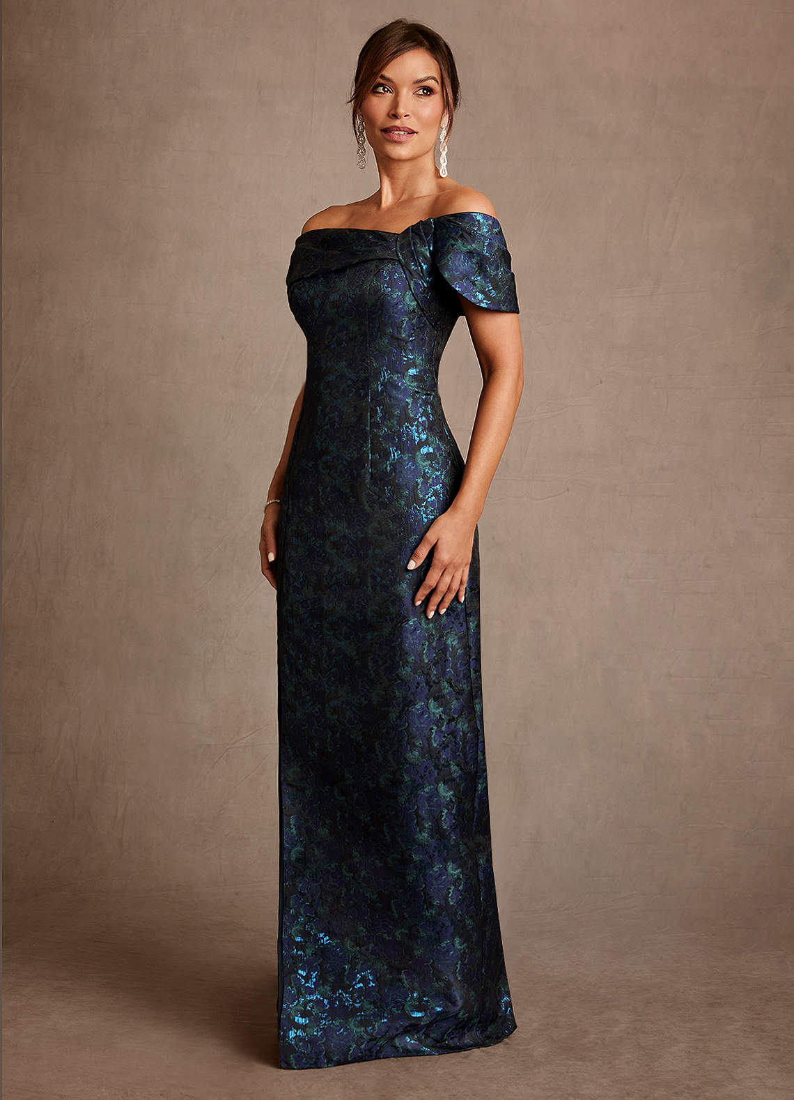 Azazie Zion Mother of the Bride Dresses Dark Navy Sheath Off the Shoulder Floral Jacquard Dress image2