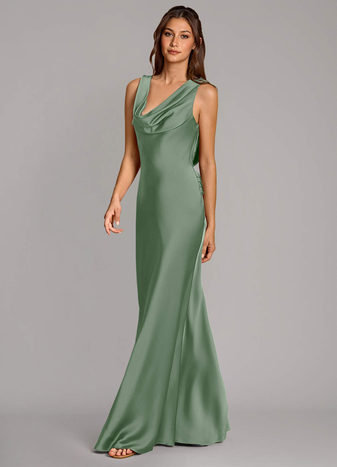 Azazie Cheryl Vestidos de damas de honor Vestido de Matcha de Satén Elástico de Corte Sirena image2