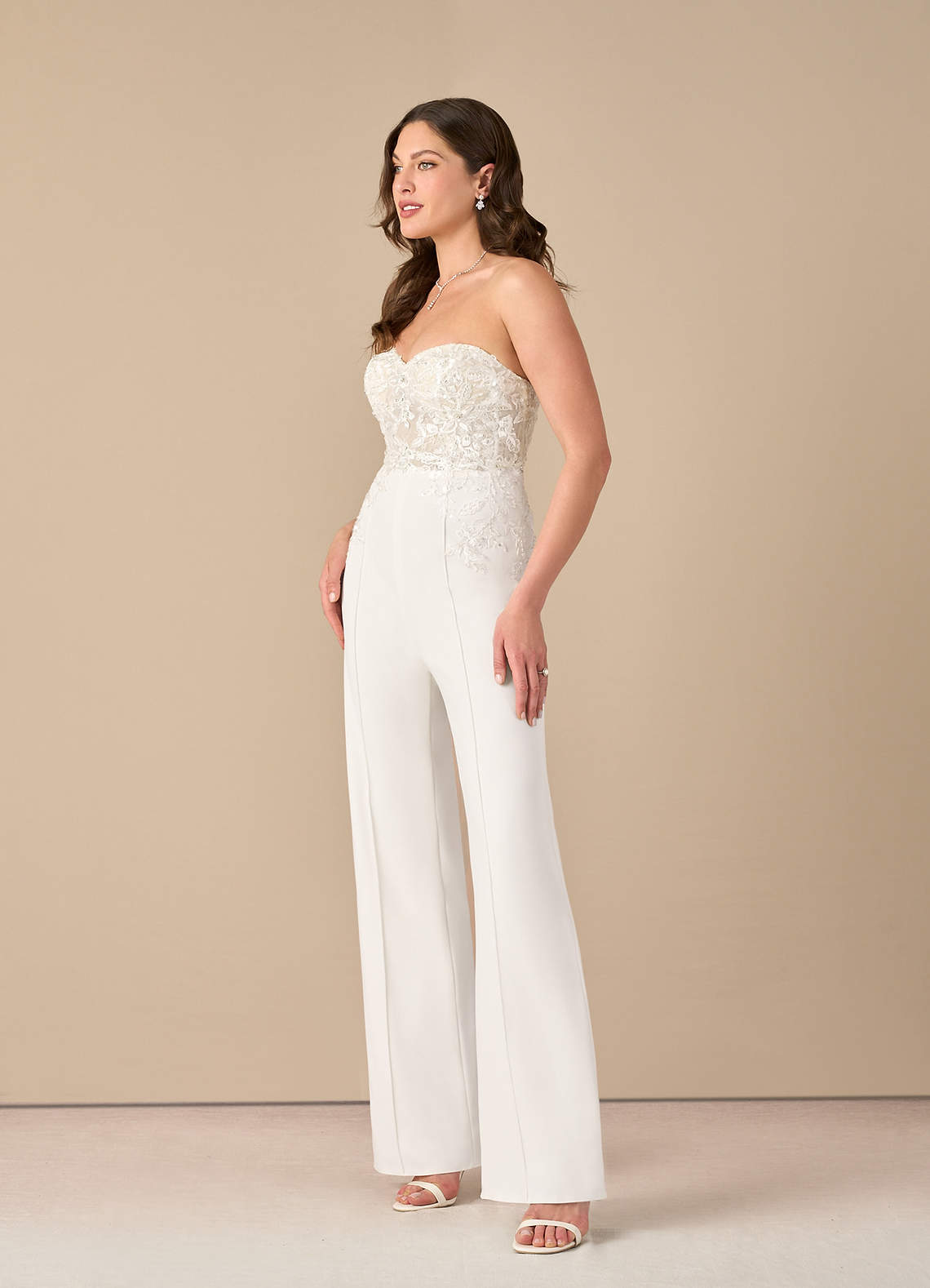 Azazie Bella Diamond White Champagne Lace Stretch Crepe Jumpsuit Azazie CA