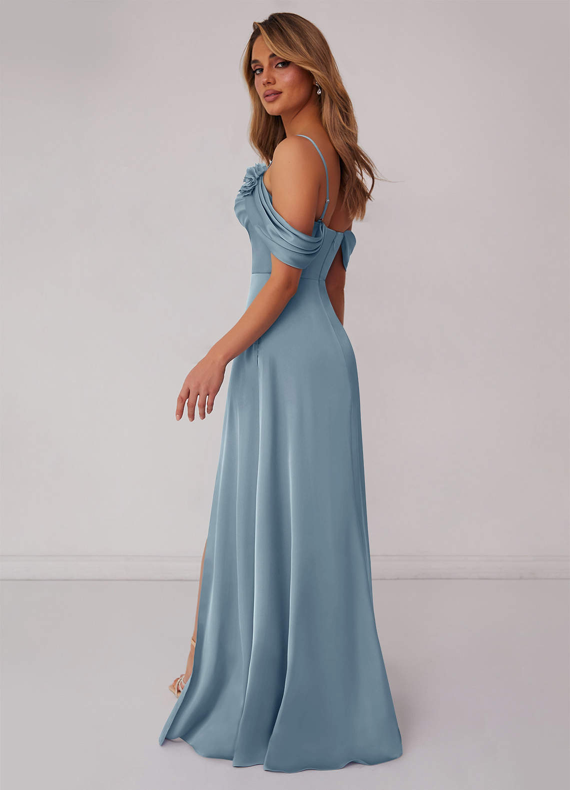 Princess Floral Satin A-Line Dress in Royal Blue