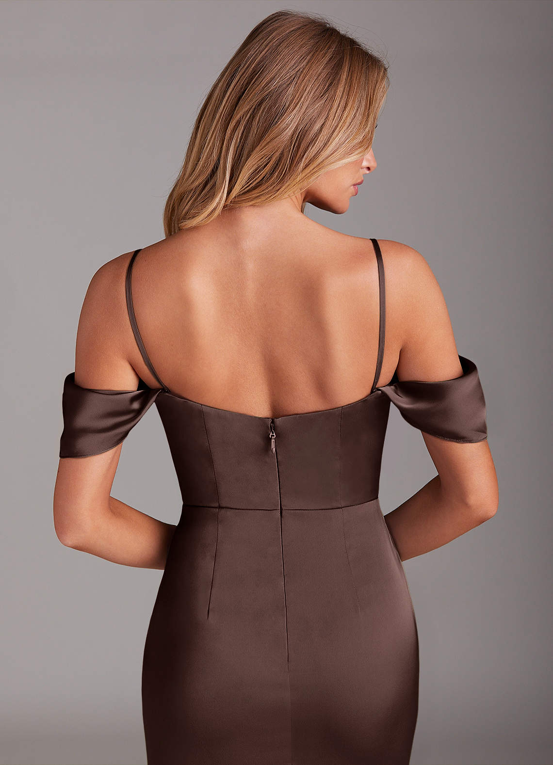 Azazie Saige Bridesmaid Dresses Ganache Sheath Off the Shoulder Stretch Satin Dress image7