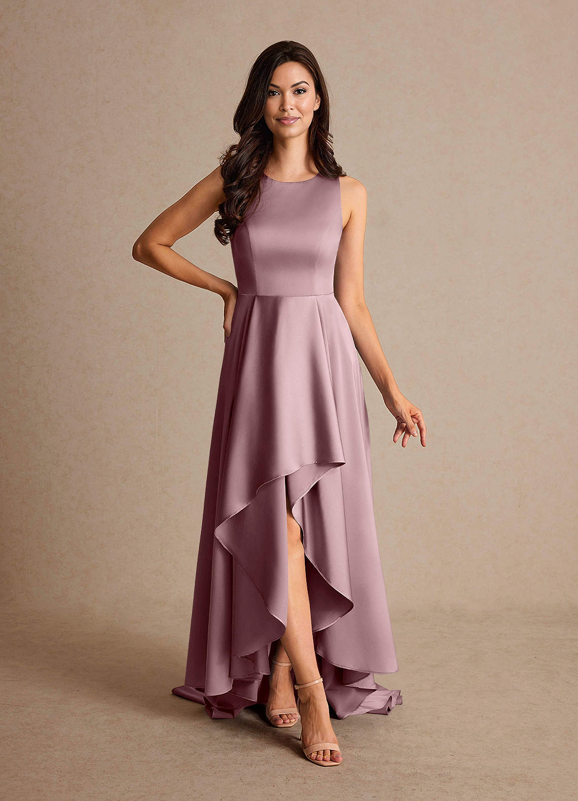 Azazie Niles Abiti per la Madre della Sposa Abito A-Line in Raso Elasticizzato Treni Rosa Polverosa image1
