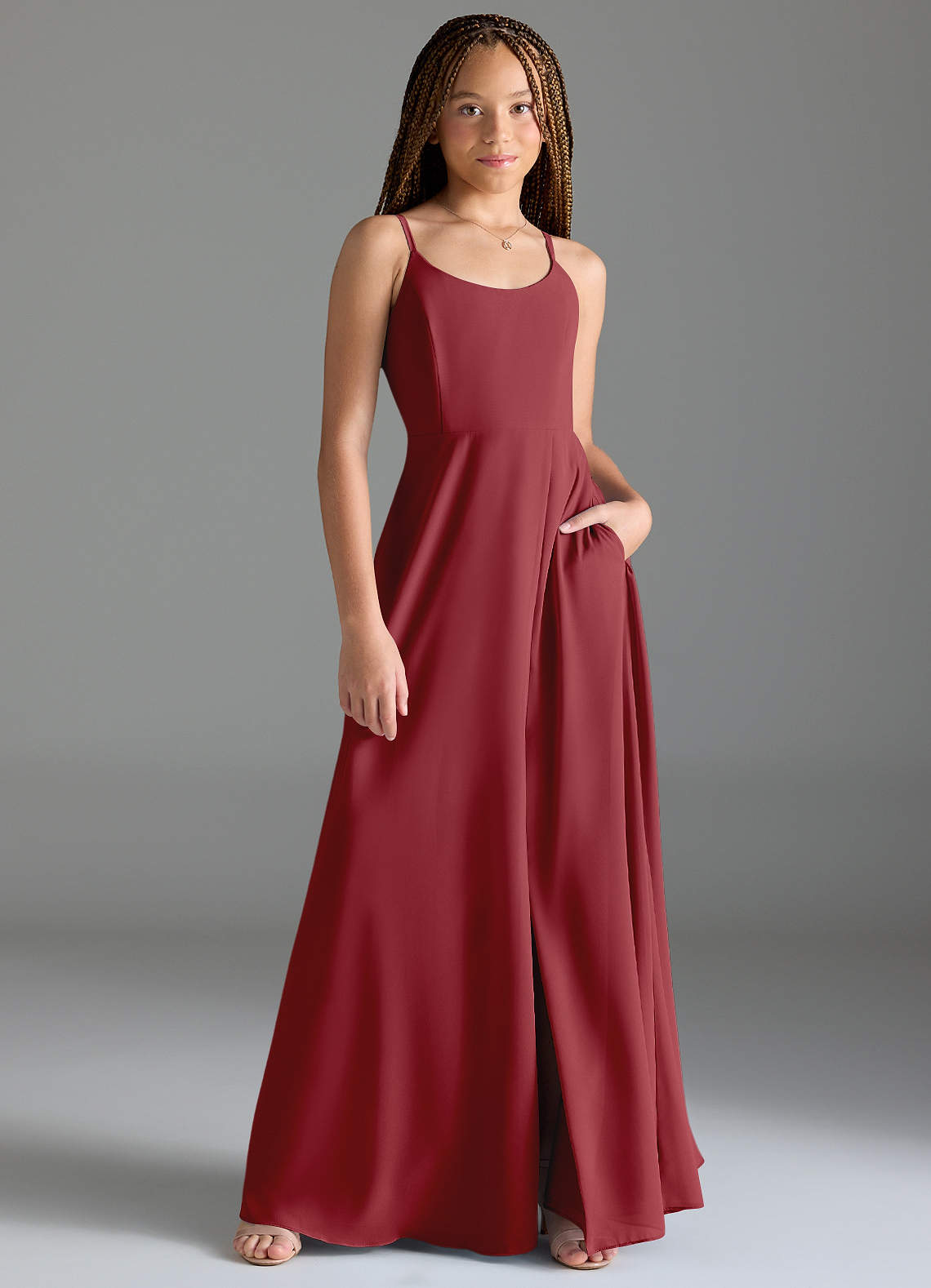 Azazie Moira Junior Pomegranate A-Line with Pockets Chiffon Dress image1