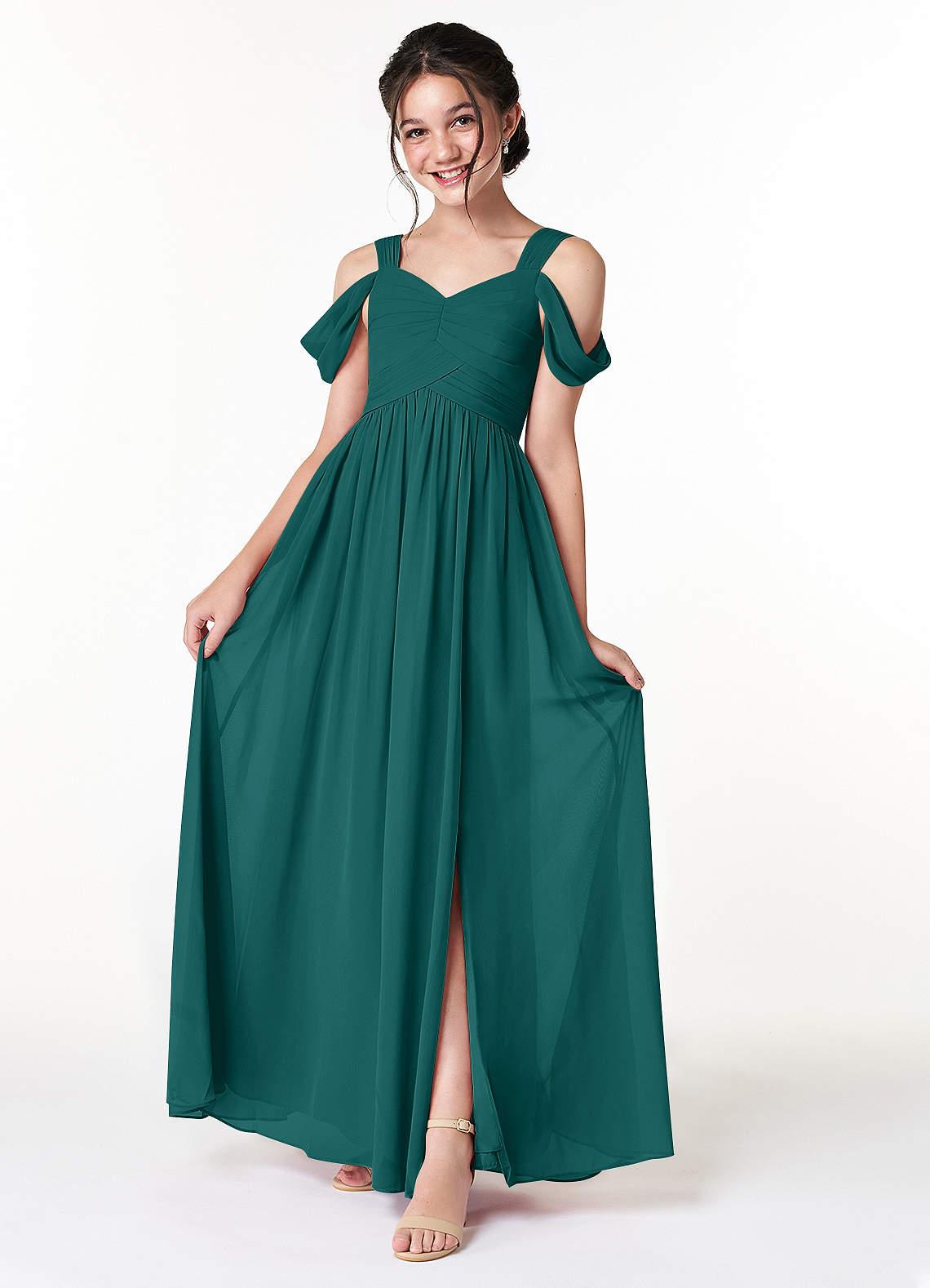 Azazie Lianne Junior Peacock A-Line Off the Shoulder Chiffon Dress image1