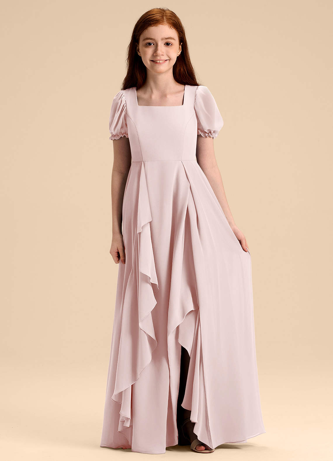 Azazie Priya Junior Vestido de Rosa Rubor de Gasa de Corte en A con Blusón image1