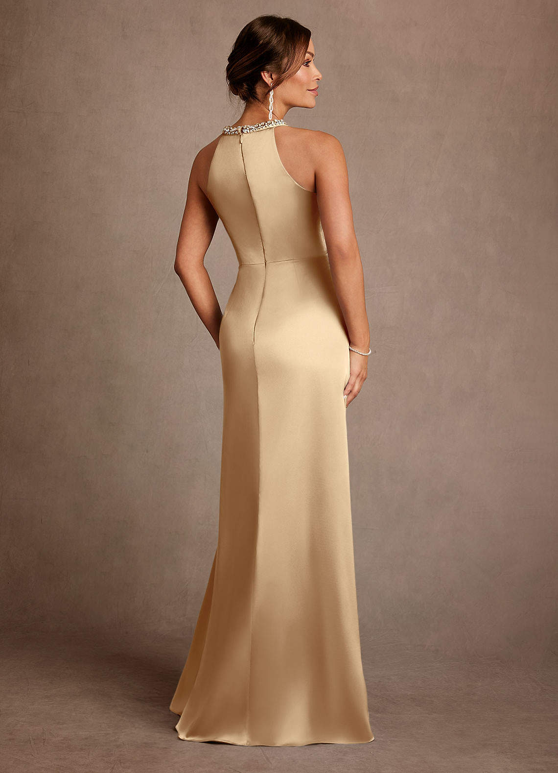 Azazie Lawrence At-home Try On Dresses Champagne A-Line Pleated Stretch Satin Dress image2